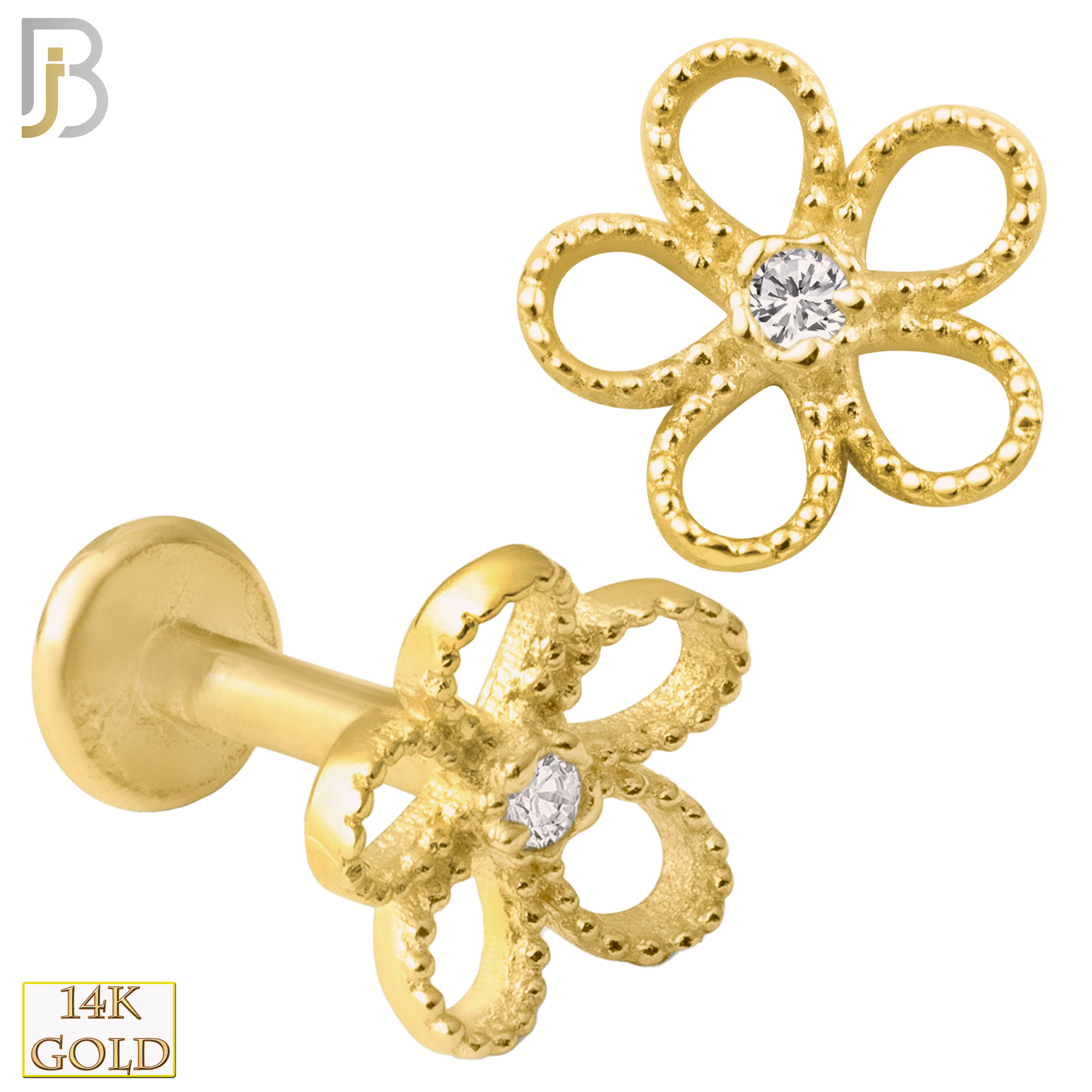 14-LB26 - 14k Yellow Gold Hollow Five Petal Flower with Zircon Labret image 0