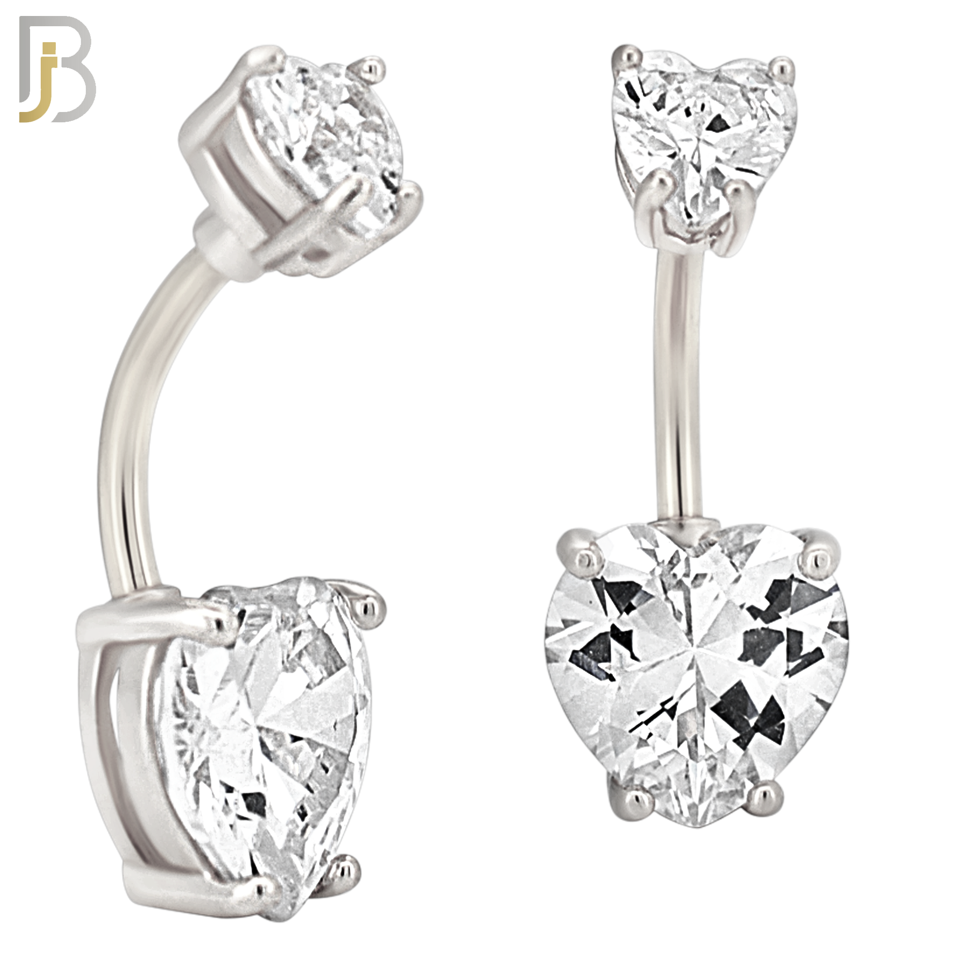 NB72 -  316L Stainless Steel Banana Belly Ring with Prong Set Double Heart Shaped Cubic Zirconia image 1