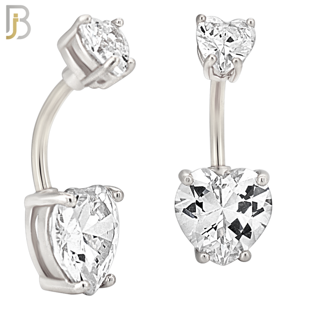 NB72 -  316L Stainless Steel Banana Belly Ring with Prong Set Double Heart Shaped Cubic Zirconia image 1