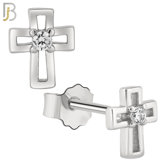 925-ES22 - .925 Sterling Silver Earring Cross Hollow with Clear Zircon image 1