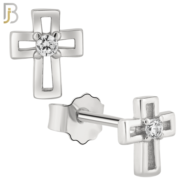 925-ES22 - .925 Sterling Silver Earring Cross Hollow with Clear Zircon image 1