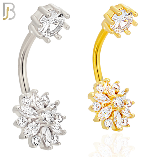 NB53 - 316L Stainless Steel Flower with Zircon Design Banana Belly Ring image 0