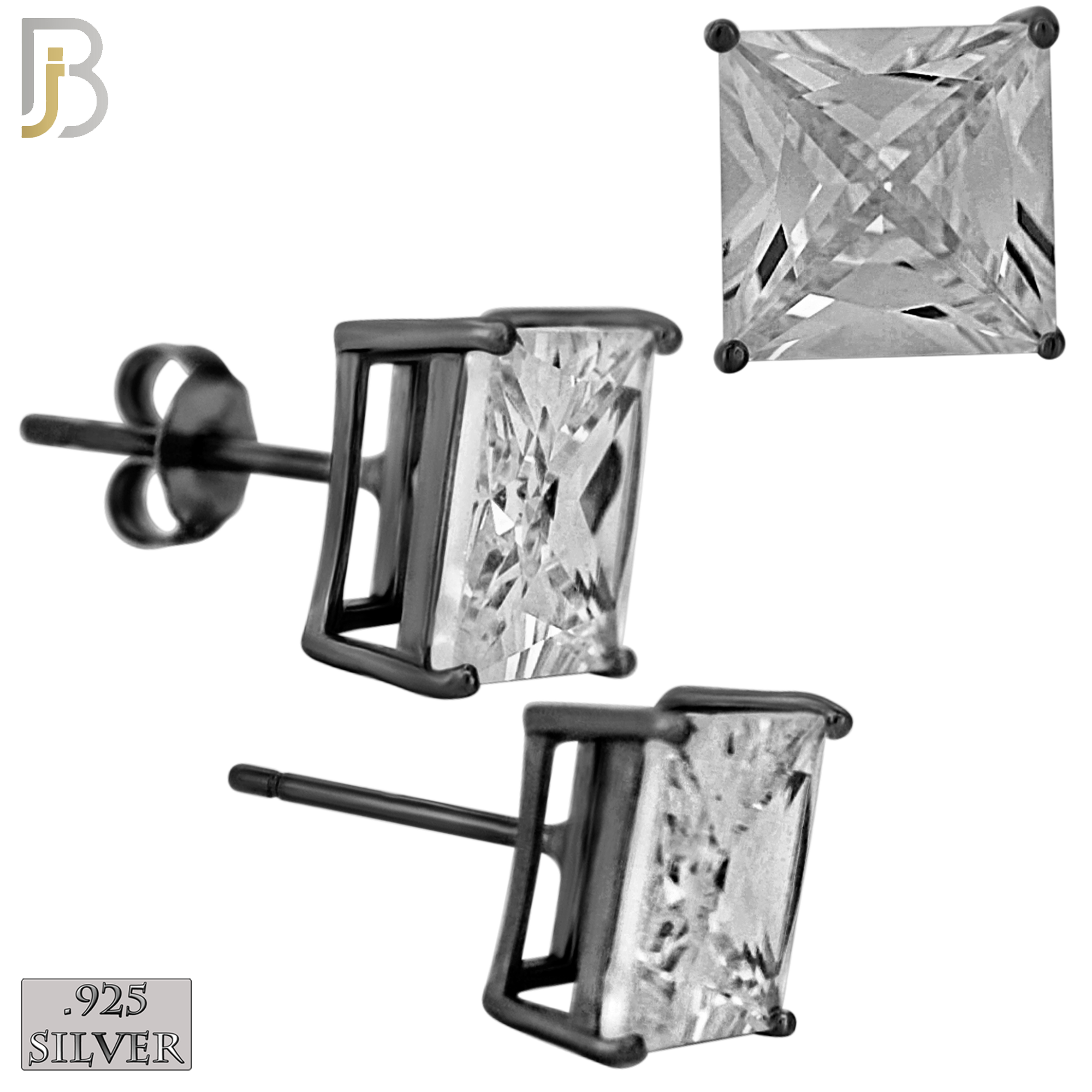925-ES72-KC - .925 Sterling Silver Black Plated Earring Stud Casting Square Princess Cut Prong Setting Clear Zircon image 8