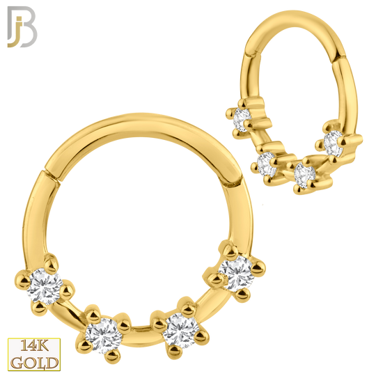 14-CT53 -  14K Solid Gold Four Zircon in Prong Setting Hinged Hoops image 0
