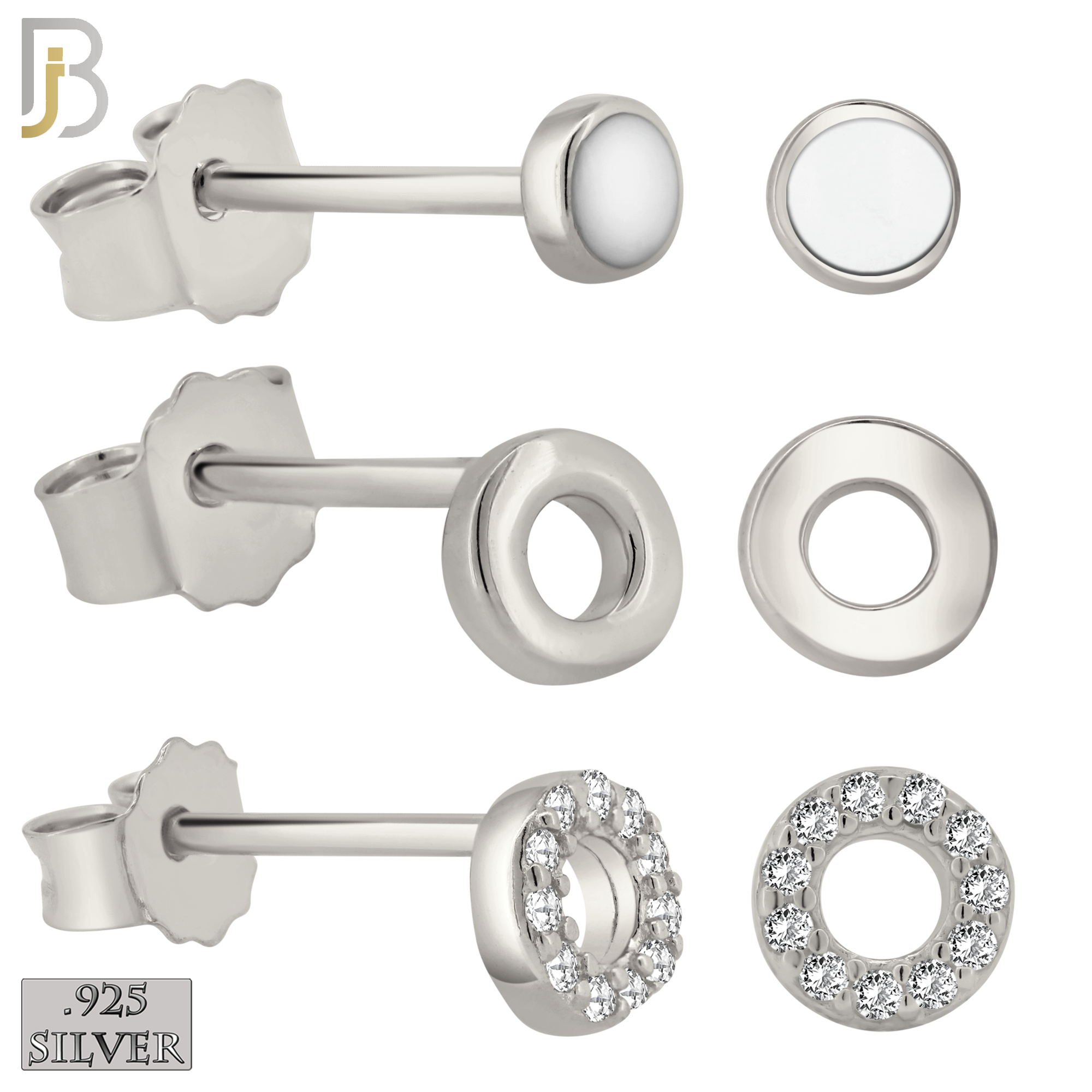 925-ES385 - .925 Sterling Silver Three Set of Circle Stud Earrings (Plain Hollow Circle, CZ Studded Hollow Circle, Circle White Enamel) image 0