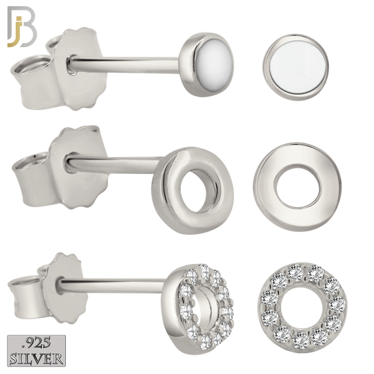 925-ES385 - .925 Sterling Silver Three Set of Circle Stud Earrings (Plain Hollow Circle, CZ Studded Hollow Circle, Circle White Enamel) image 0