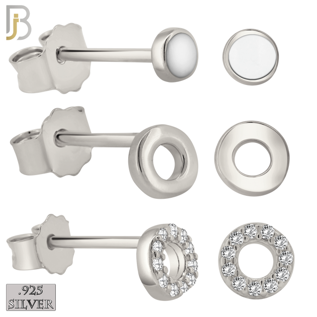 925-ES385 - .925 Sterling Silver Three Set of Circle Stud Earrings (Plain Hollow Circle, CZ Studded Hollow Circle, Circle White Enamel) image 0