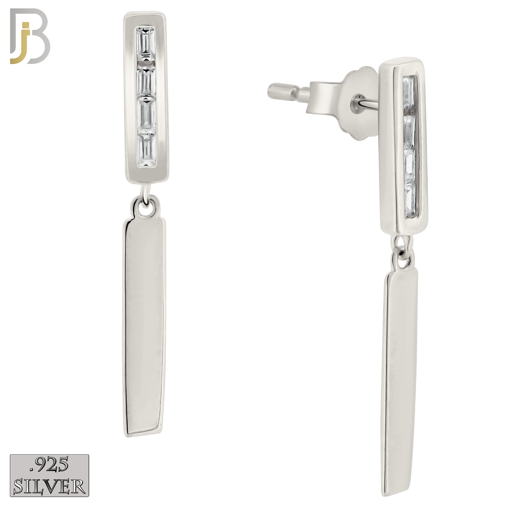925-ES379 - .925 Sterling Silver Dangling Double Bars with CZ Stud Earrings image 1