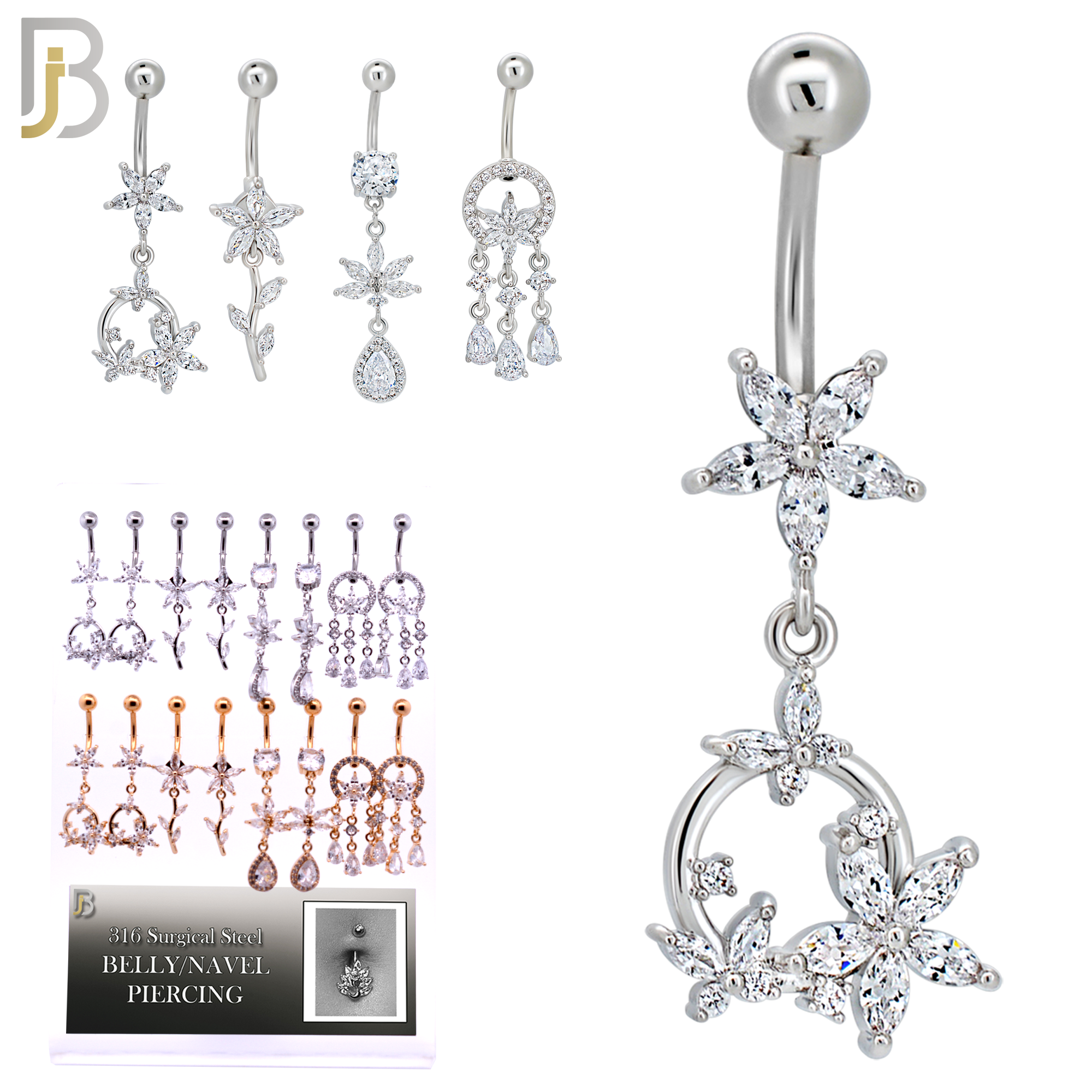 PK-N011 - 316L Surgical Steel Four Different Designs Dangle Belly Rings - Pack of 16 Pieces image 1