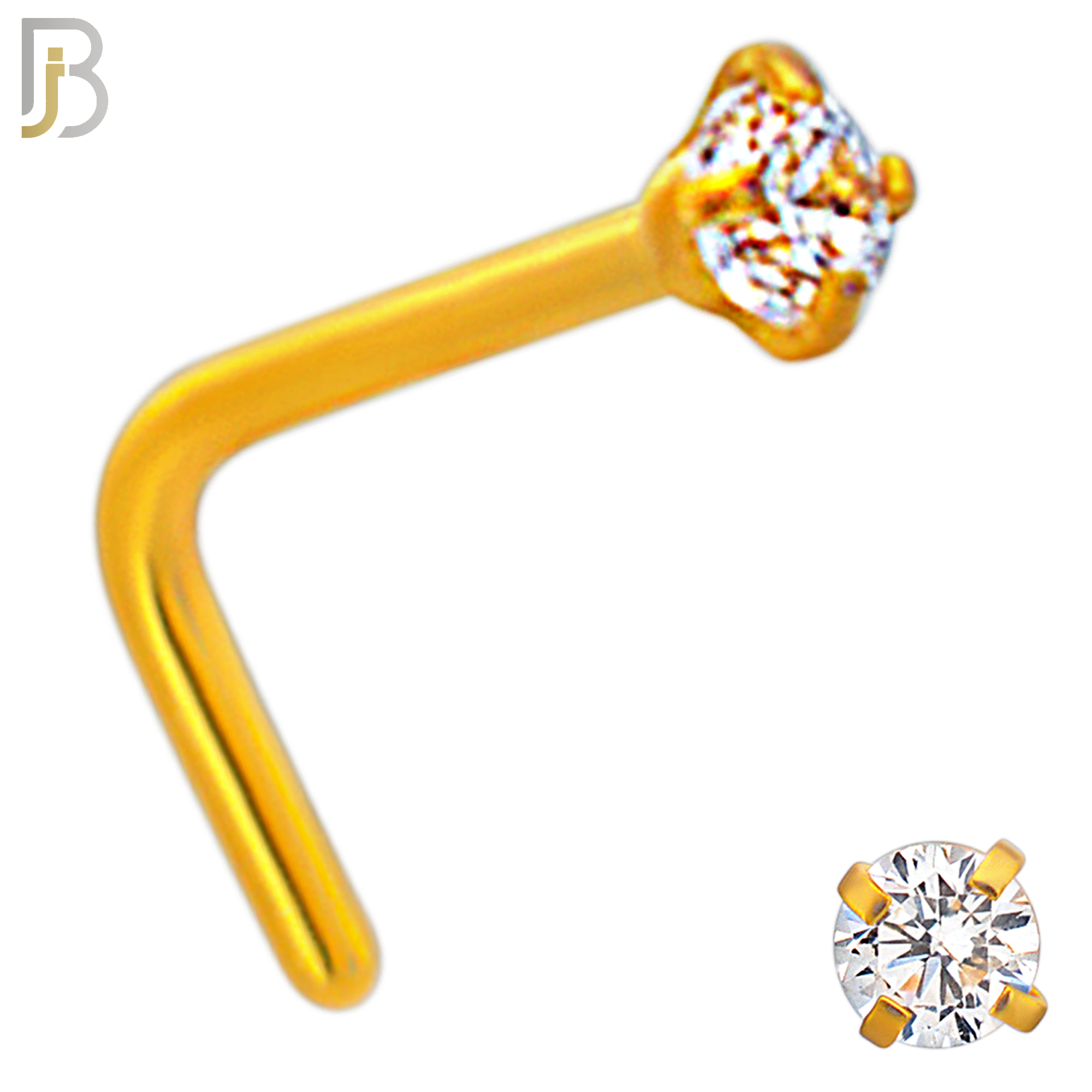 NR10G - 316L Surgical Steel Gold Plated Nose L-Shape Prong Set Zircon Round Nose Ring (PACK OF 6) image 2