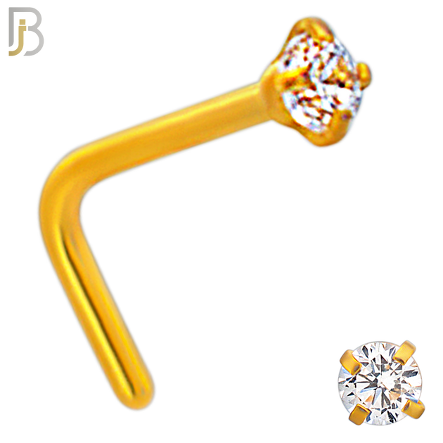 NR10G - 316L Surgical Steel Gold Plated Nose L-Shape Prong Set Zircon Round Nose Ring (PACK OF 6) image 2