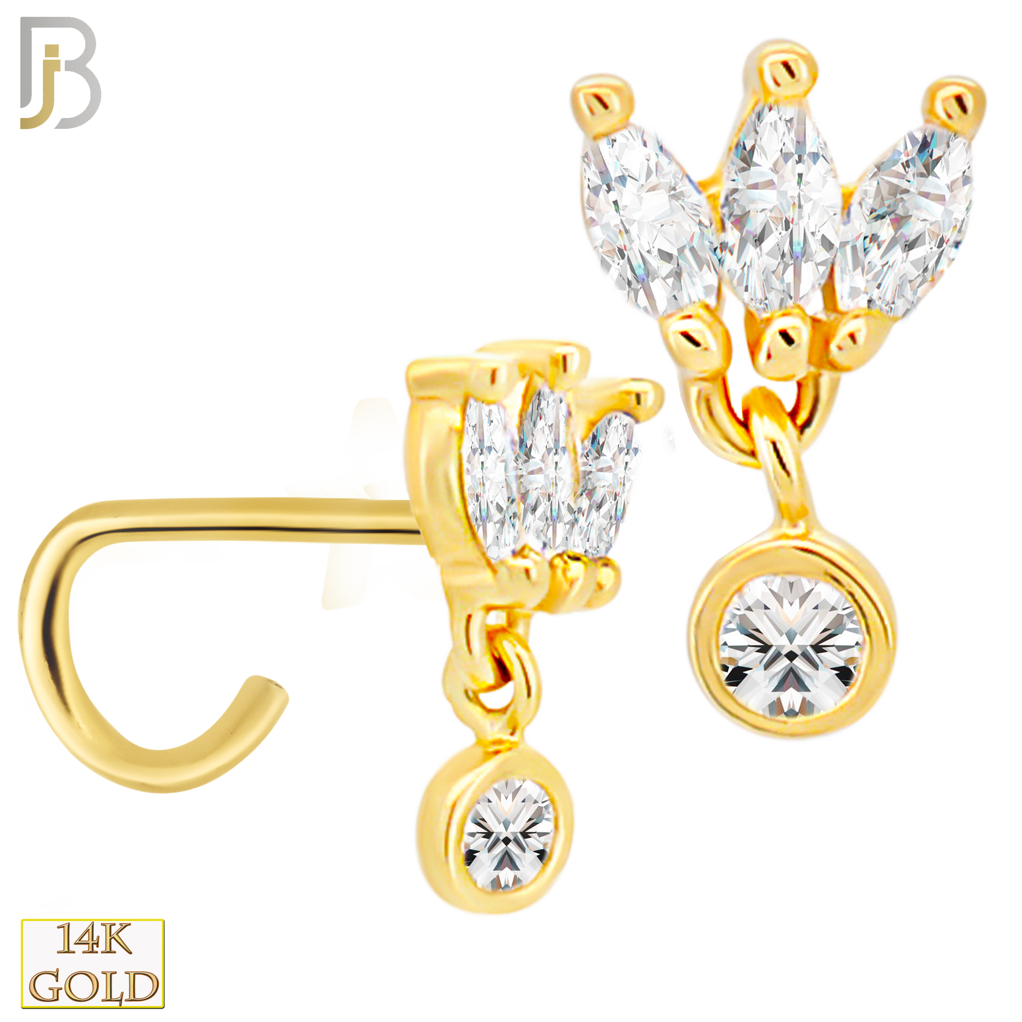 14-NR75C - 14k Gold Nose Screw with Three Petal Marquise Shaped CZs with Dangling Round CZ image 0
