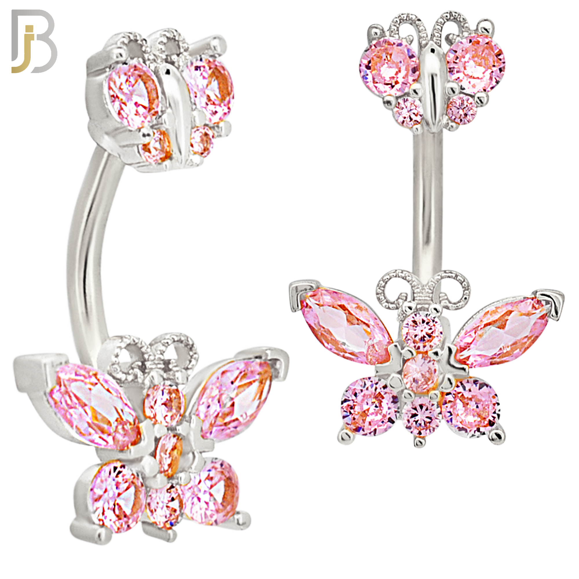NB60 - 316L Stainless Steel Double Butterfly Banana Belly Ring with Cubic Zirconia image 3