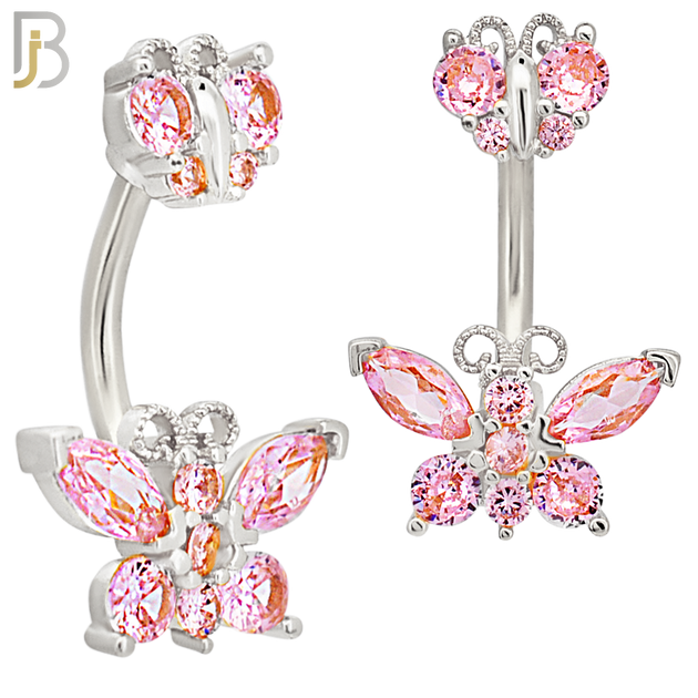 NB60 - 316L Stainless Steel Double Butterfly Banana Belly Ring with Cubic Zirconia image 3