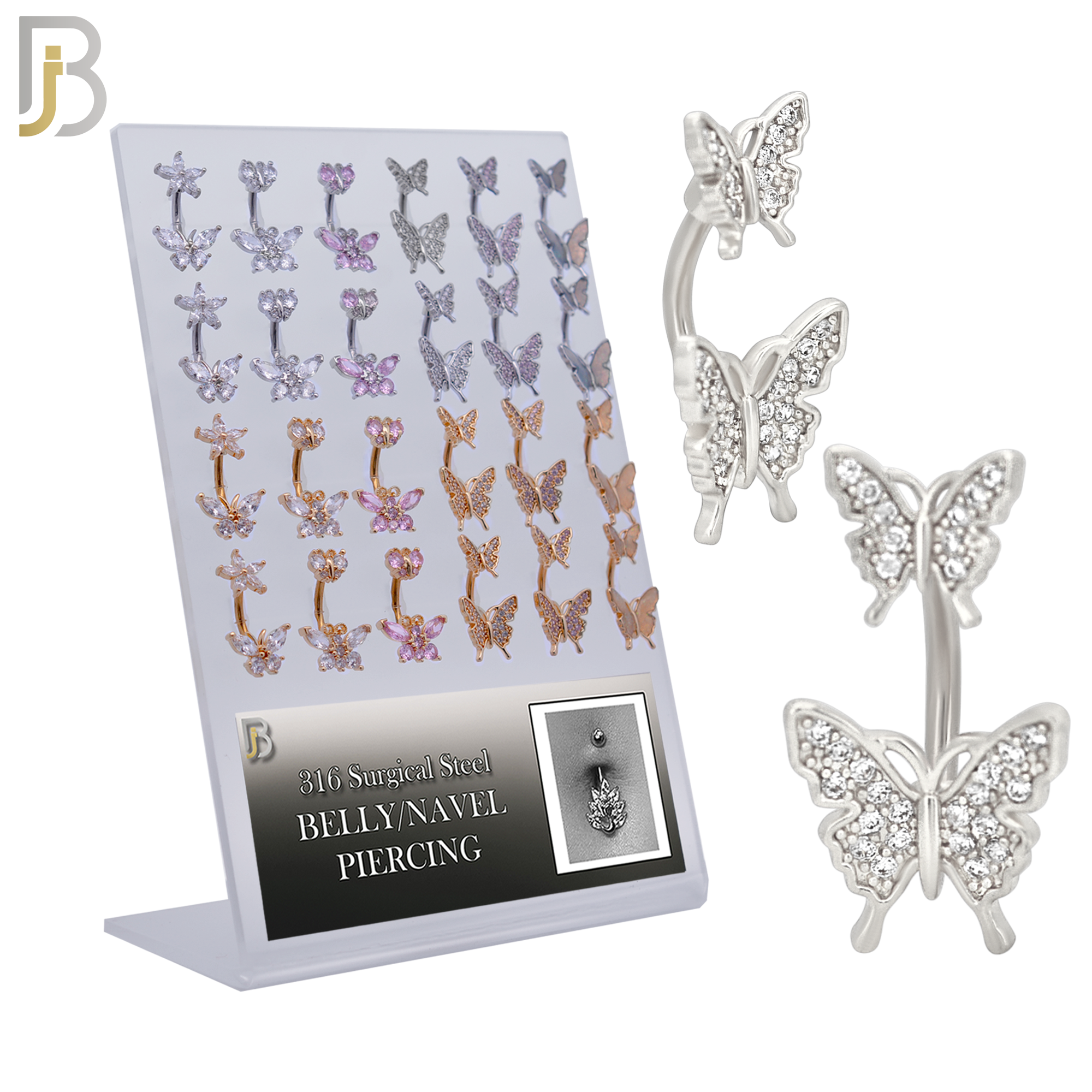 PK-NB60M - 316L Surgical Steel All Butterfly Design Banana Belly Ring - Pack of 24 image 0