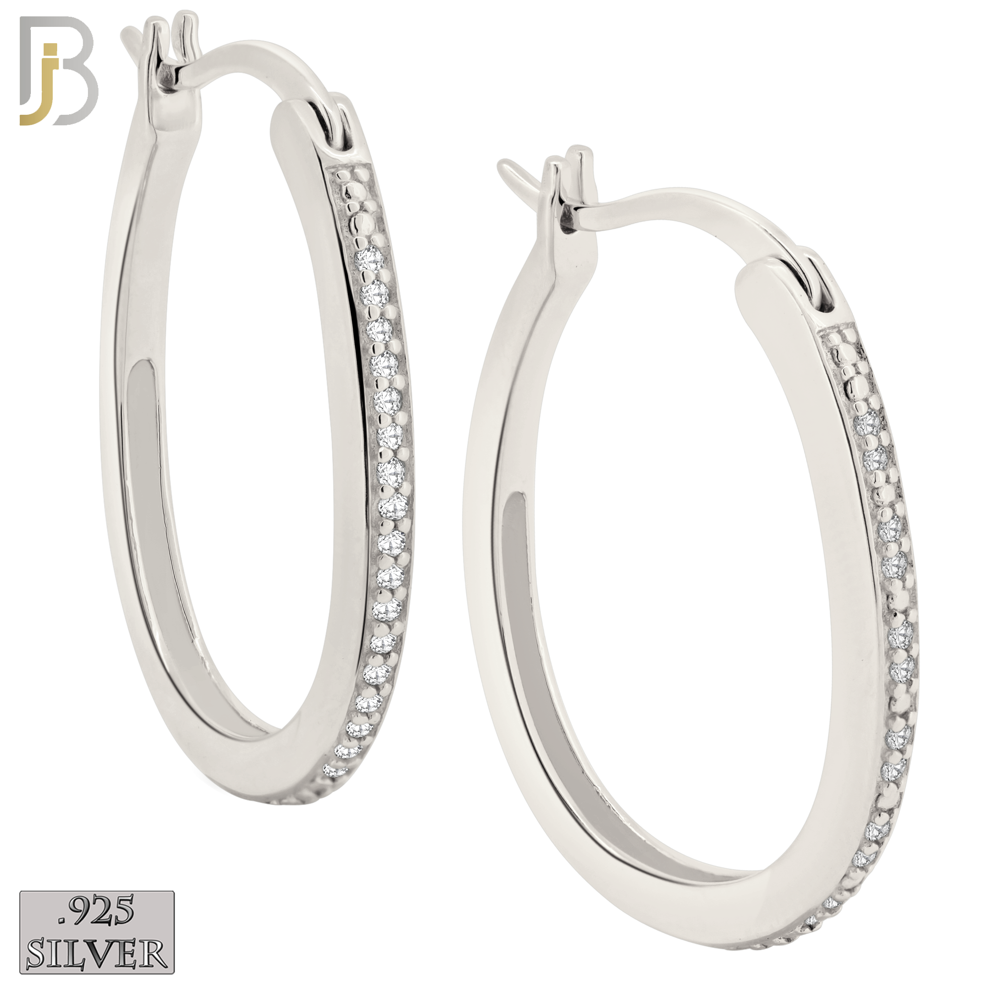 925-ES396 - .925 Sterling Silver CZ Studded Oval Hoop Earrings image 0