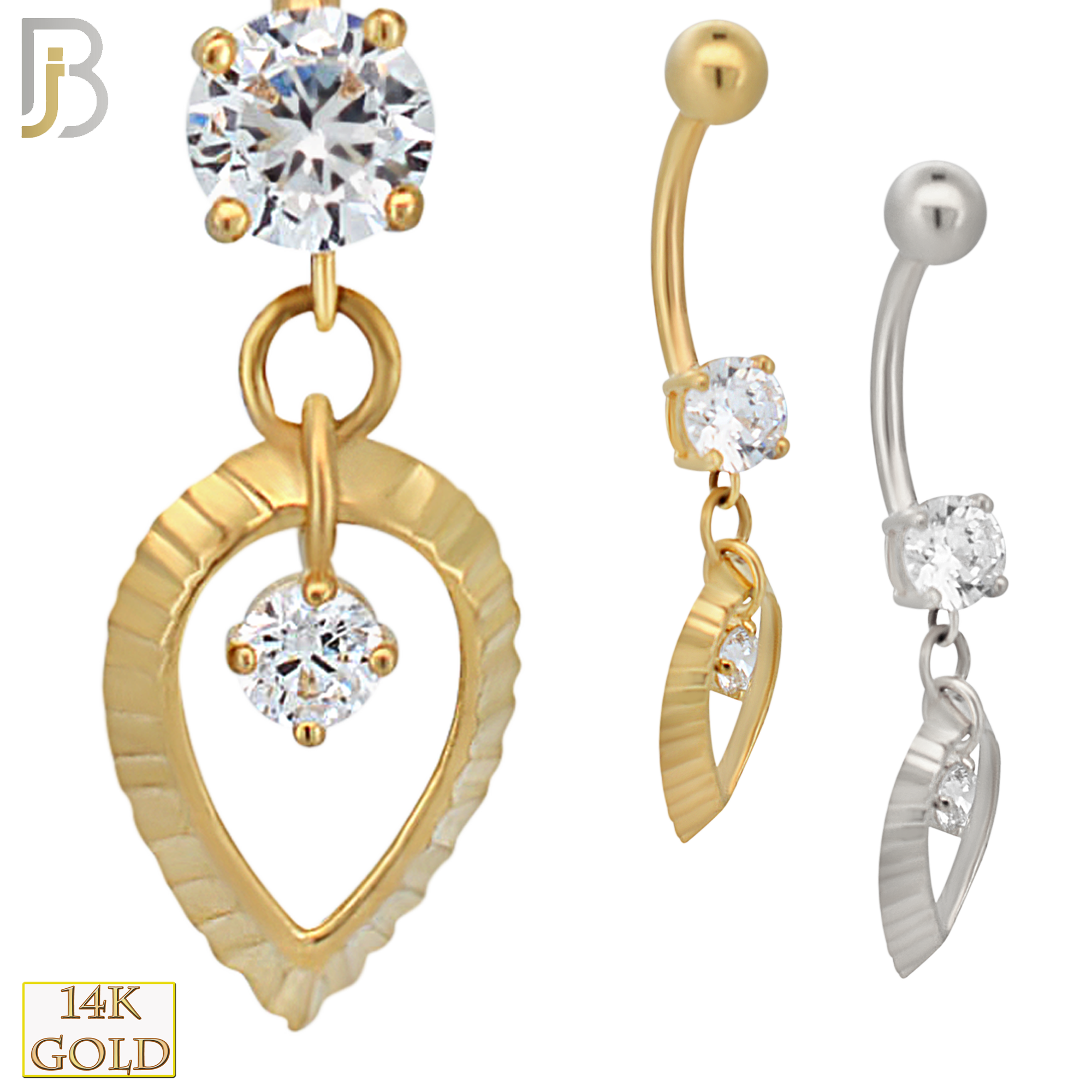 14-N004 - 14k Solid Gold Dangle Hollow Leaf Belly Ring image 0