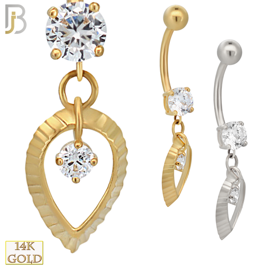 14-N004 - 14k Solid Gold Dangle Hollow Leaf Belly Ring image 0