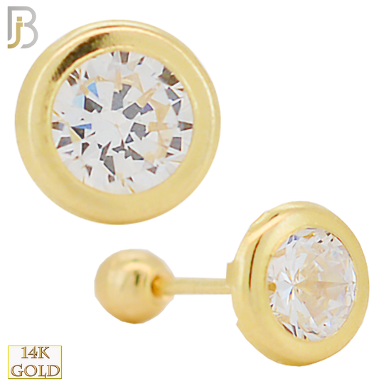 14-ES36YC - 14k Solid Gold Screw Ball Back Round Shape Design Zircon in Bezel Setting Earring Stud image 1