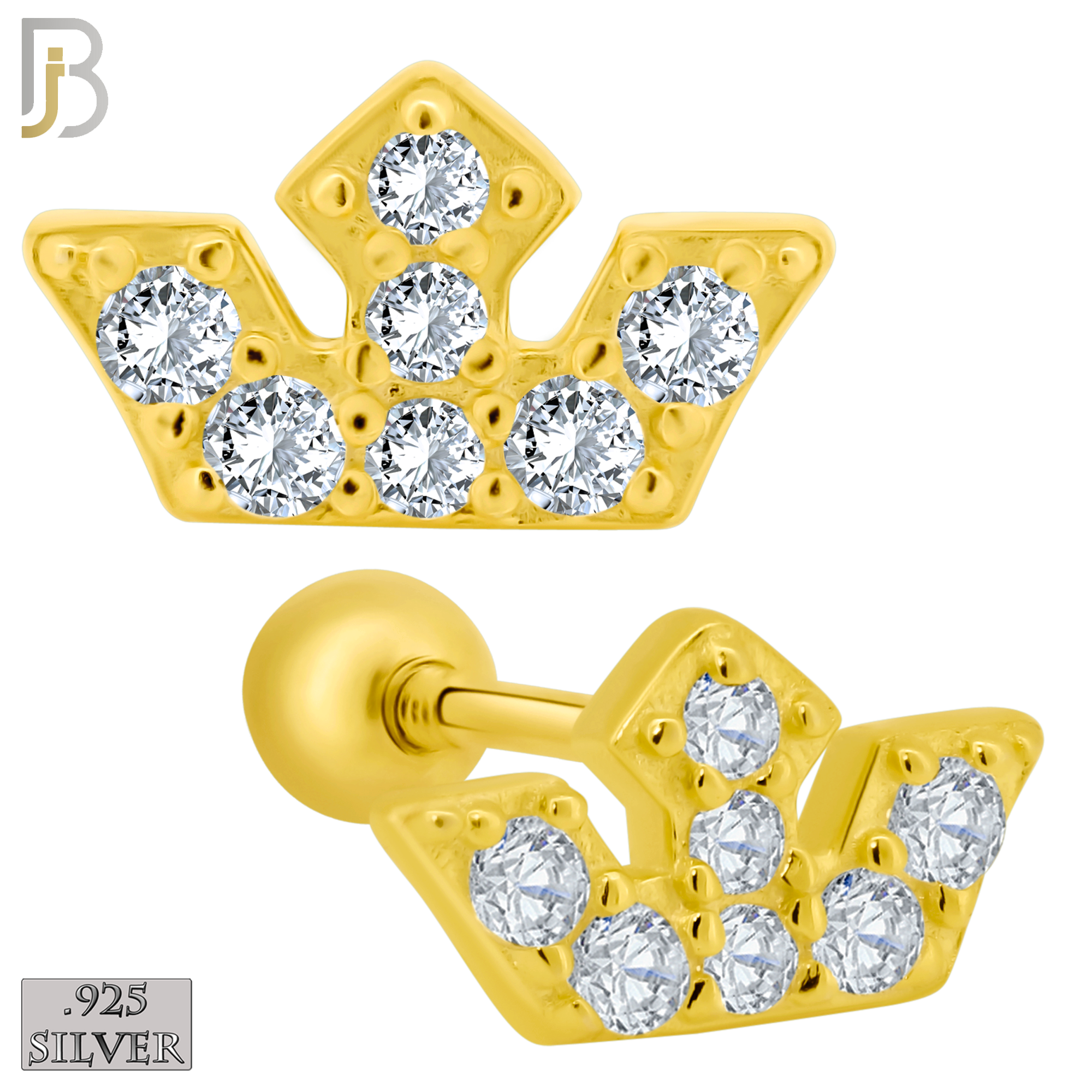 925-ES434 - Screw Ball Back - .925 Sterling Silver Three Point Crown with Multi Zircon Earrings Stud image 1