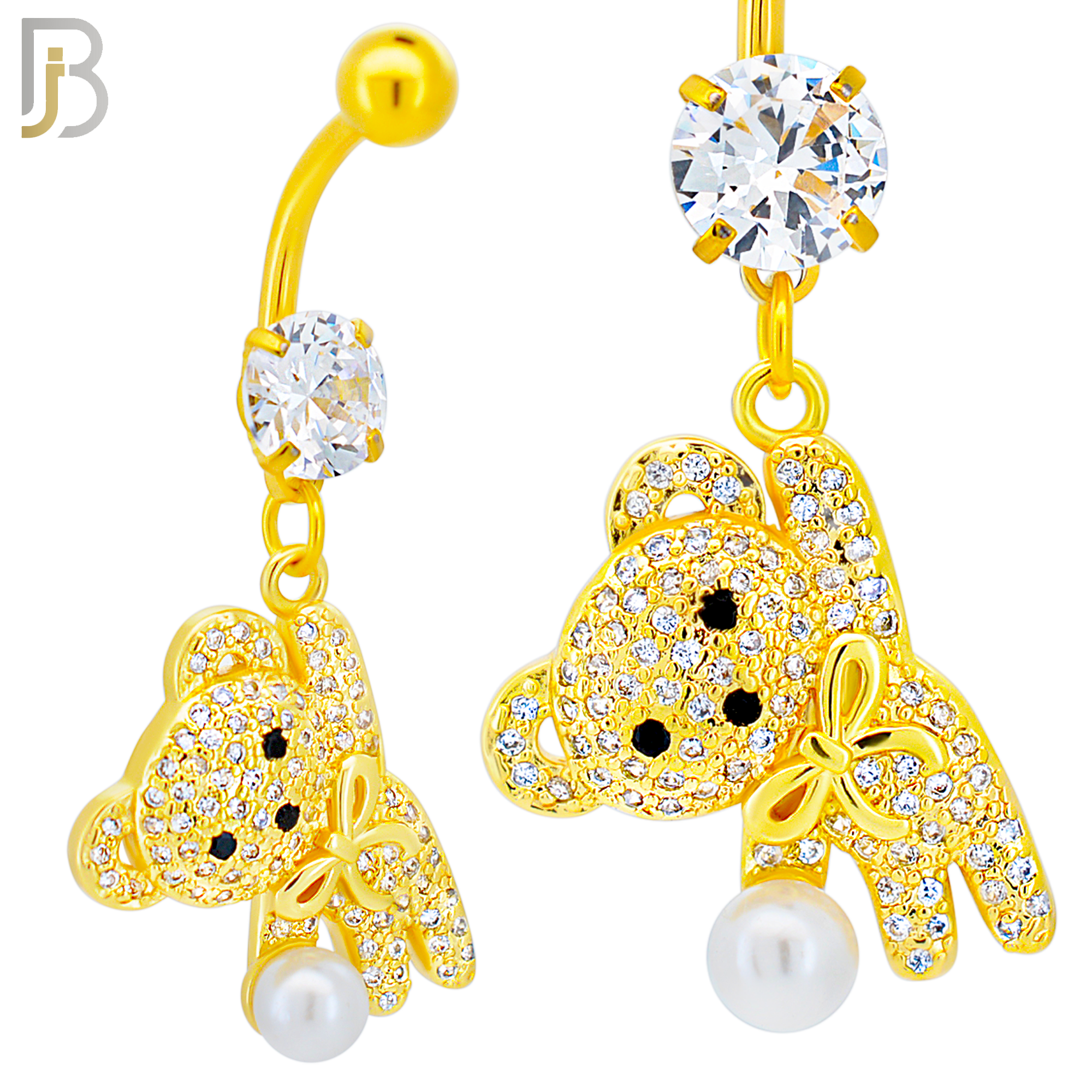 N0142 - 316L Surgical Steel Dangling Teddy Bear holding a Pearl with Multi CZ Belly Ring image 1
