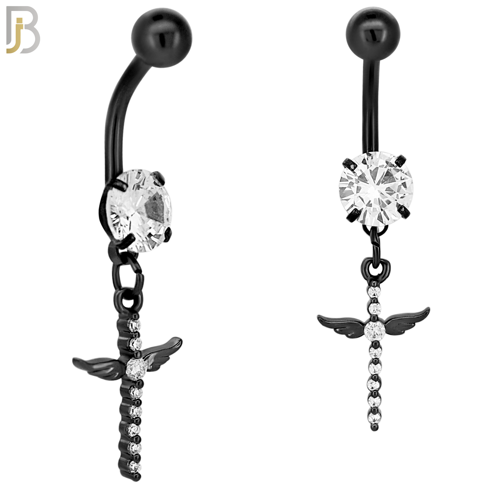 N048 - 316L Stainless Steel Dangling Cross Angel Wing with Zircon Design Belly Ring with 5mm Screw Ball image 3