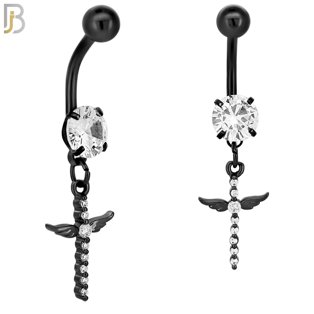 N048 - 316L Stainless Steel Dangling Cross Angel Wing with Zircon Design Belly Ring with 5mm Screw Ball image 3