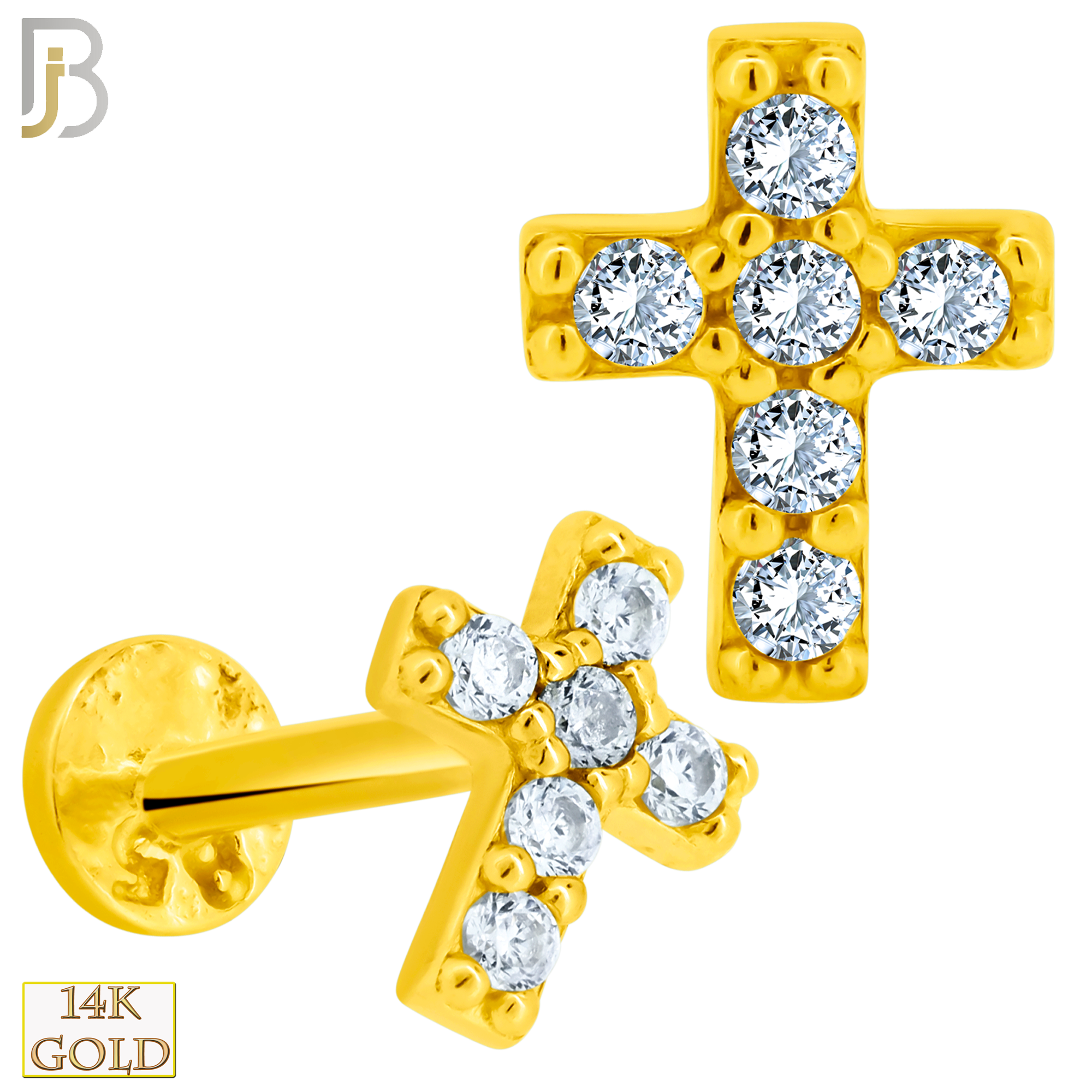 14-LB66 - 14k Yellow Gold Cross Labret with Multi Zircon - Yellow Gold image