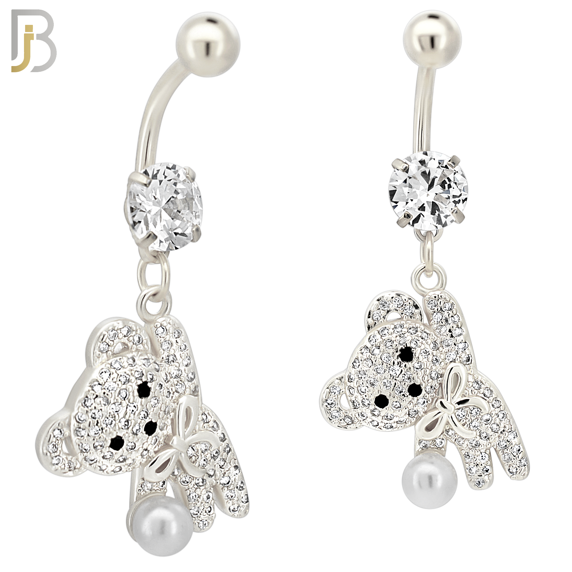 N0142 - 316L Surgical Steel Dangling Teddy Bear holding a Pearl with Multi CZ Belly Ring image 3