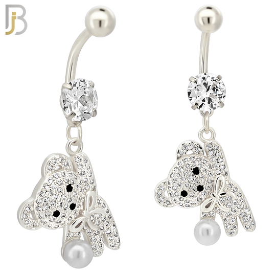 N0142 - 316L Surgical Steel Dangling Teddy Bear holding a Pearl with Multi CZ Belly Ring image 3