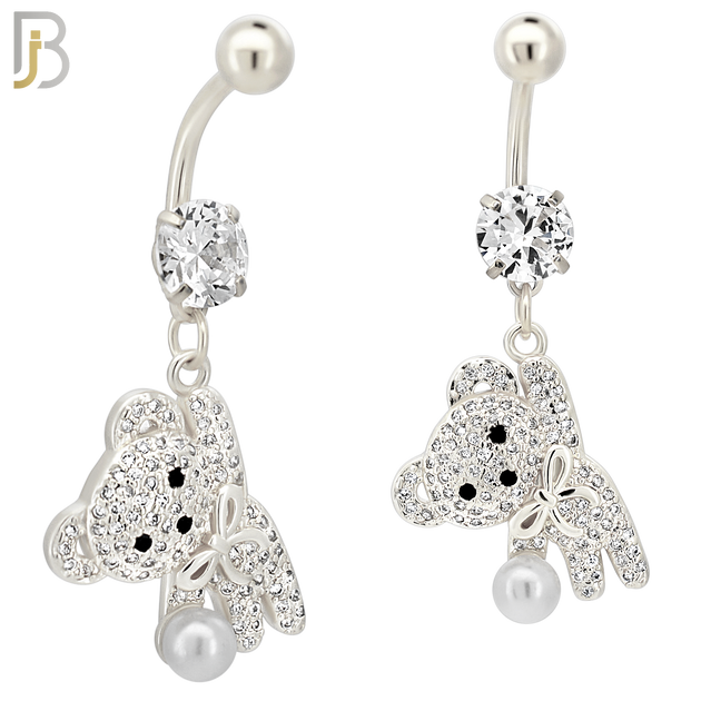 N0142 - 316L Surgical Steel Dangling Teddy Bear holding a Pearl with Multi CZ Belly Ring image 3