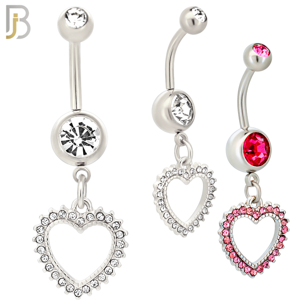 N027  - 316L Stainless Steel Dangling Hollow Spikey Heart with Zircon Design Belly Ring with 4mm Screw Ball image 0