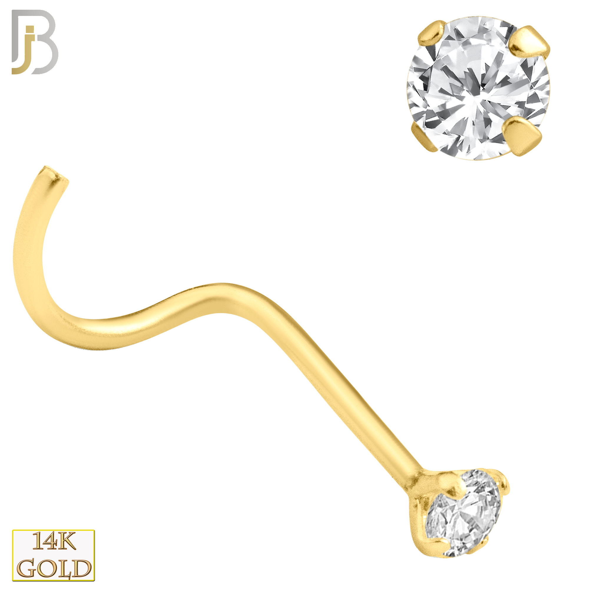 14-NR03CY-22 - 14k Solid Yellow Gold 22g Prong Setting  Round Cubic Zircona Nose Screw, Cork Screw image 3