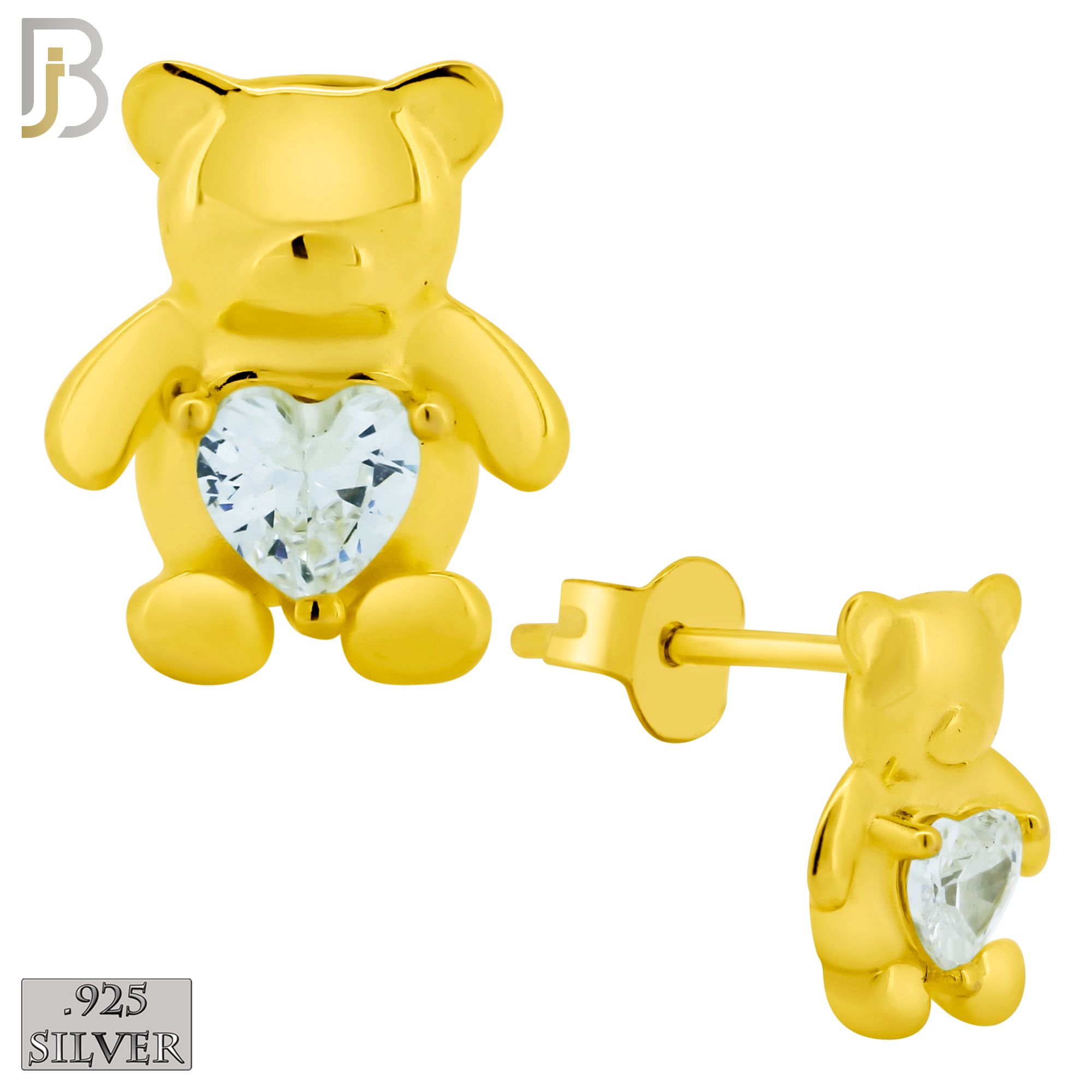 925-ES371 - Push Back - .925 Sterling Silver Bear with Heart Shaped CZ Stud Earrings image 2