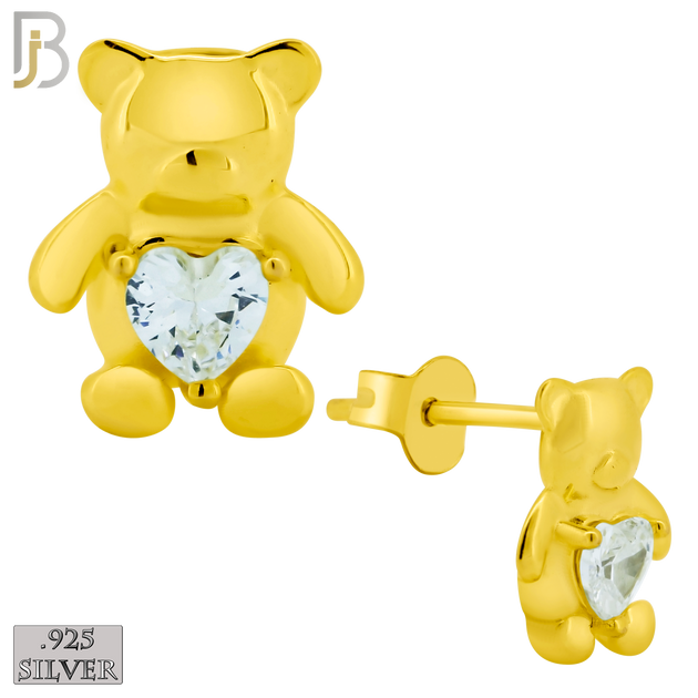 925-ES371 - Push Back - .925 Sterling Silver Bear with Heart Shaped CZ Stud Earrings image 2