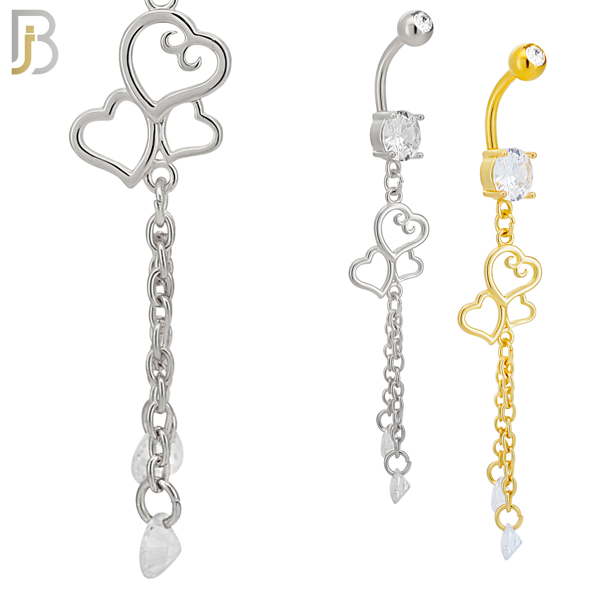 N0131 - 316L Stainless Steel Dangling Triple Heart with Dangling Round Zircon Belly Ring and 5mm Screw Ball image 0