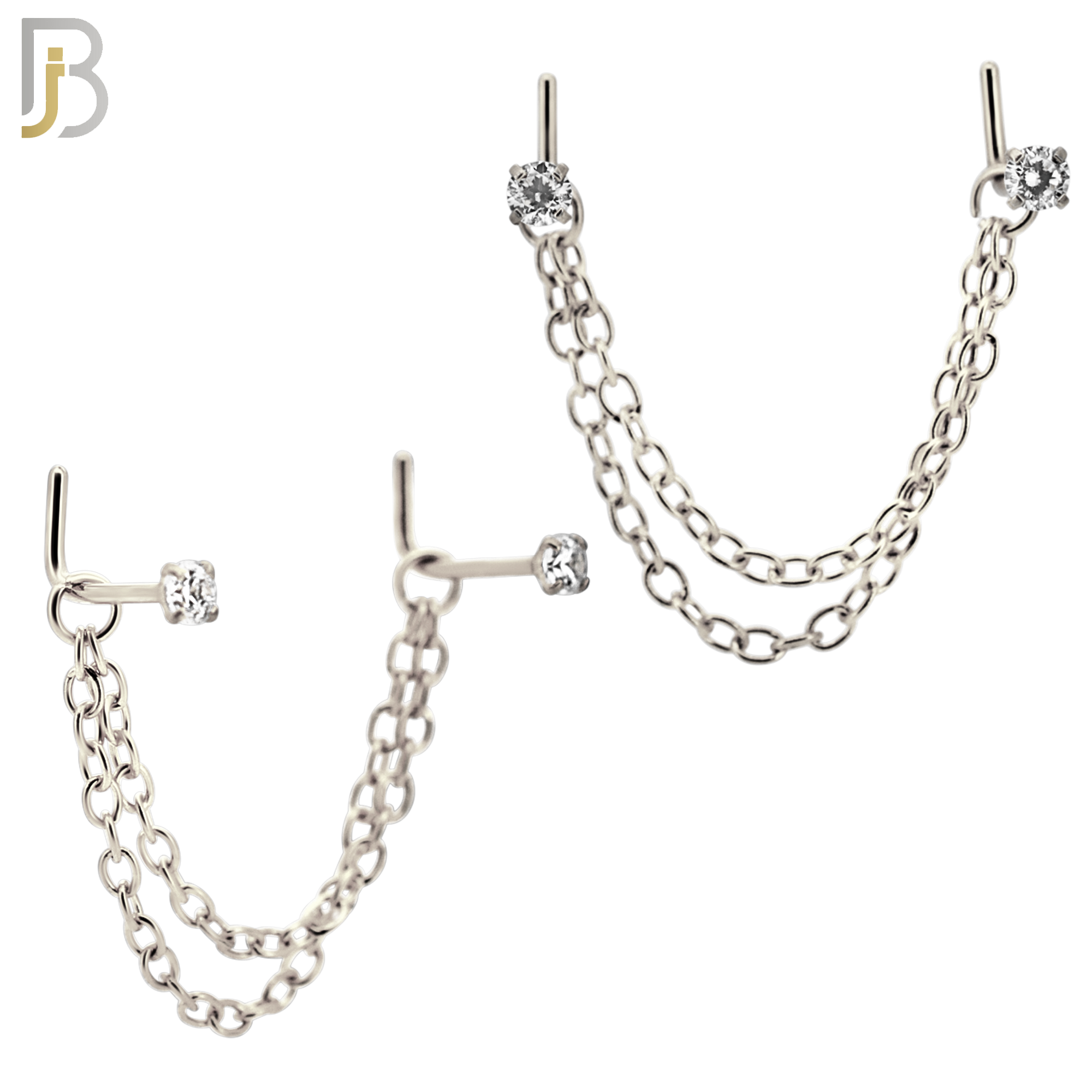 NR120L - 316 Surgical Steel Double L-Shaped Nose Rings with 2.5mm CZ in Prong Set and Double Chain Link - (Pack of 3) image 1