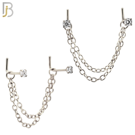 NR120L - 316 Surgical Steel Double L-Shaped Nose Rings with 2.5mm CZ in Prong Set and Double Chain Link - (Pack of 3) image 1