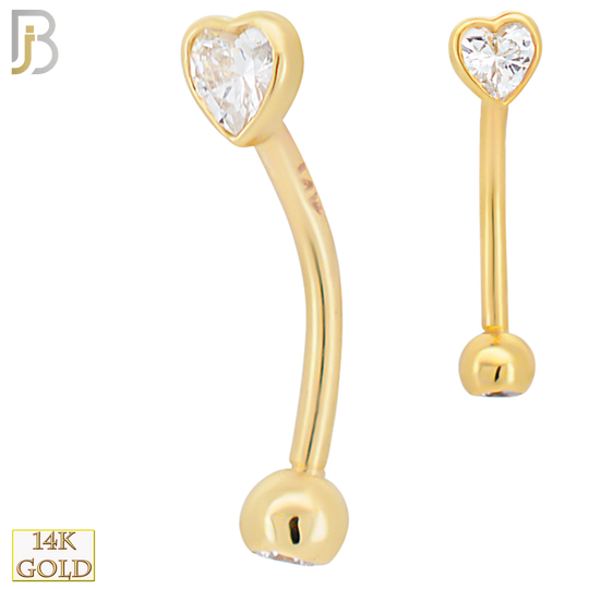 14-EC12 - 14k Yellow Gold Heart Shaped CZ in Bezel Setting Eyebrow Barbell Externally Threaded Screw image 0