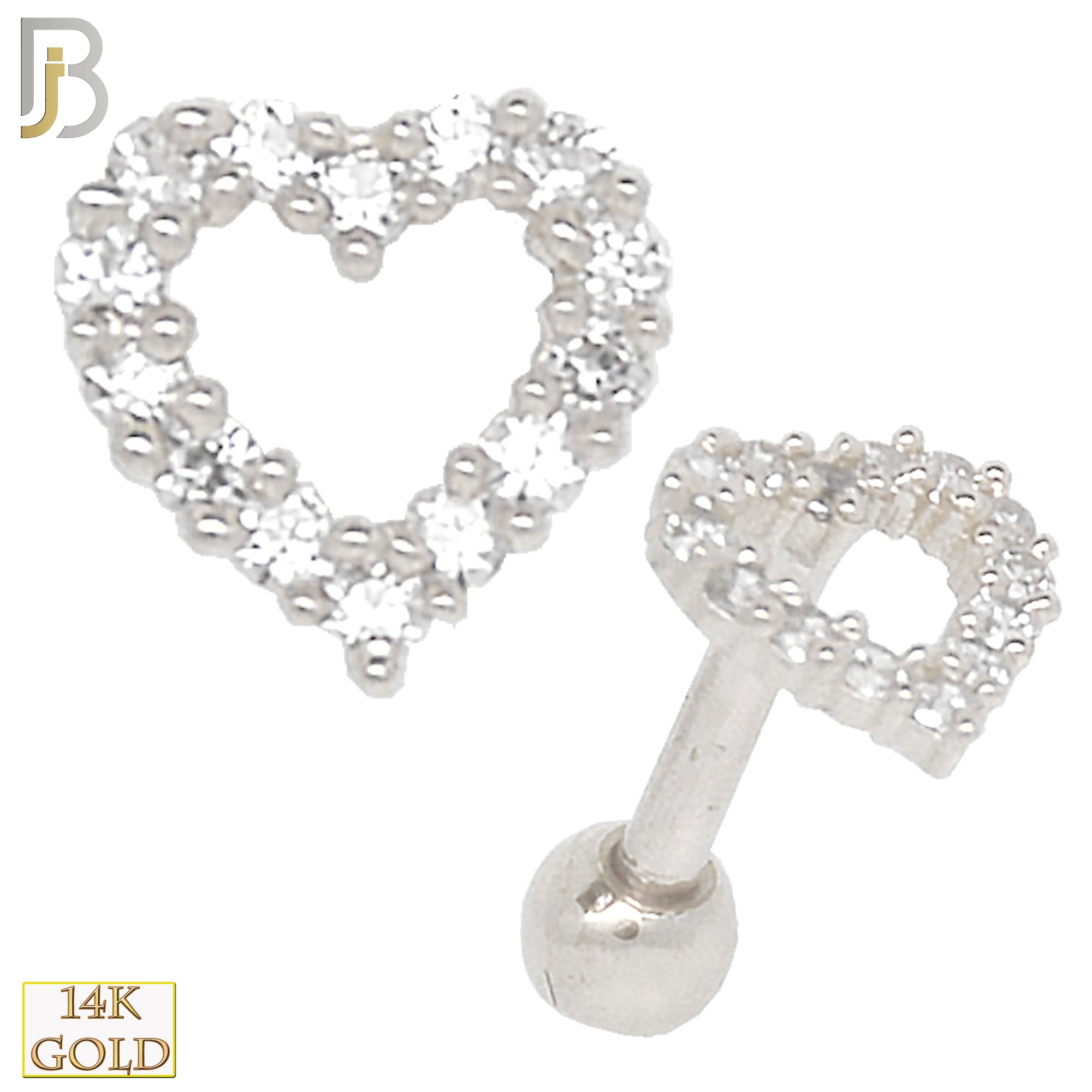14-TB15 - 14k Solid Gold Hollow Heart Design Tragus Barbell Cartilage Earrings Piercing Screw Ball image 1