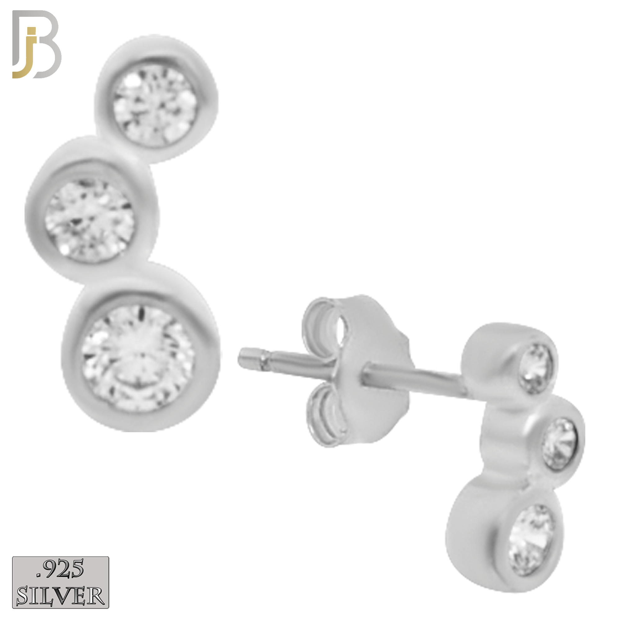 925-ES150 - .925 Sterling Silver 3 Bezel Round Design with Zircon Design Earring Stud image 1