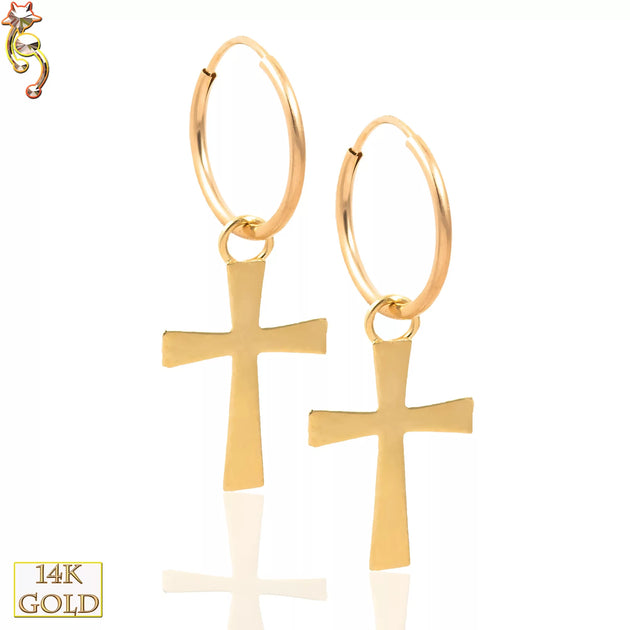 14-ES33 - 14k Solid Gold Hoops Earrings Cross Dangle Design image 0