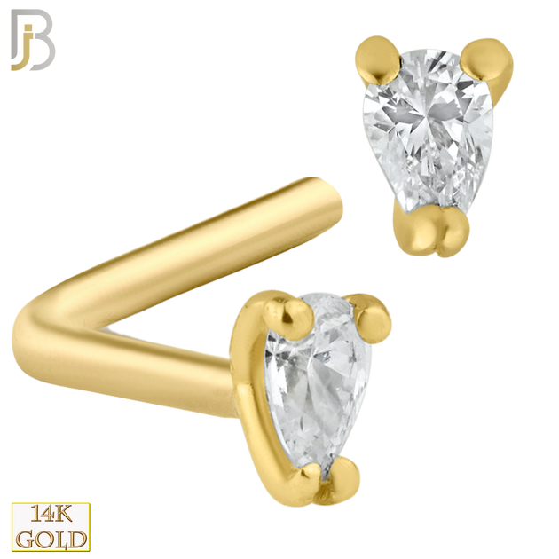 14-NR32L- 14k Solid Gold L Shape Nose Ring with Tear Drop Shape CZ in Prong Setting image 0