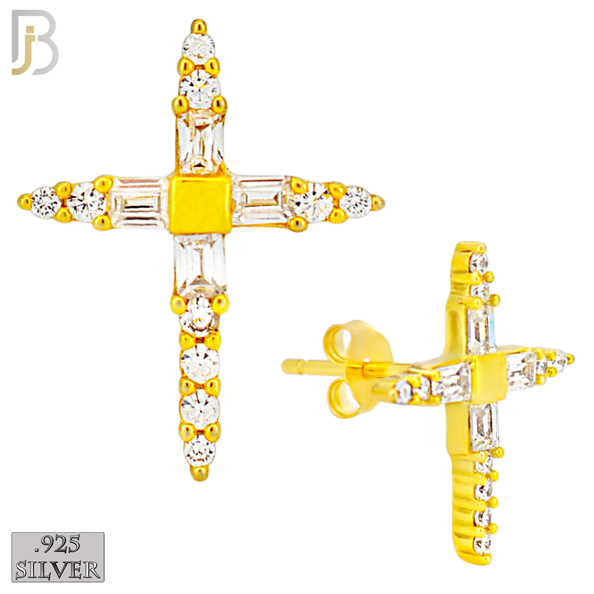 925-ES270 - .925 Sterling Silver Pointed Cross with Zircon Design Earrings Stud image 2