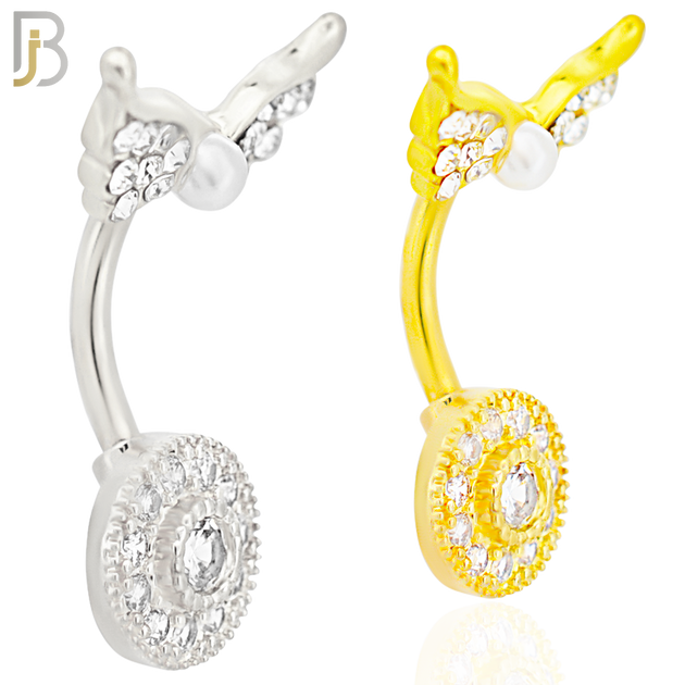 NB90 -  316L Stainless Steel Round  Design CZ Banana Belly Ring and Angel Top Screw image 0