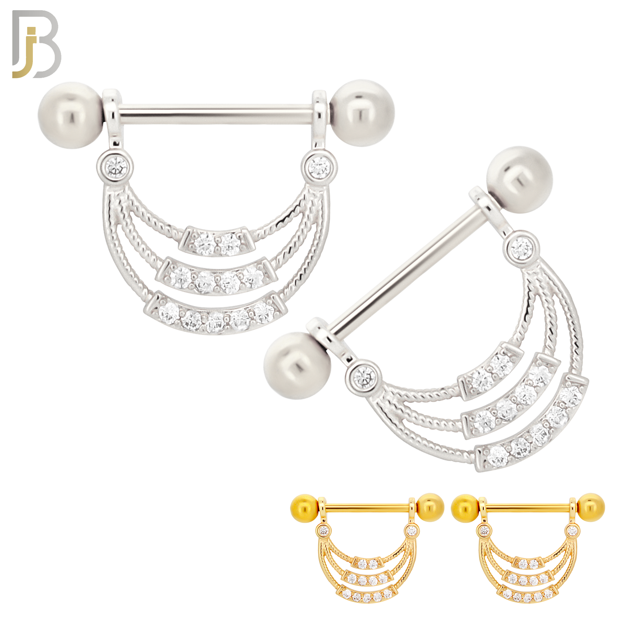 NP27 - 316L Surgical Steel Screw Bar with 3 Layer Curve with Zircon Design Pair image 0