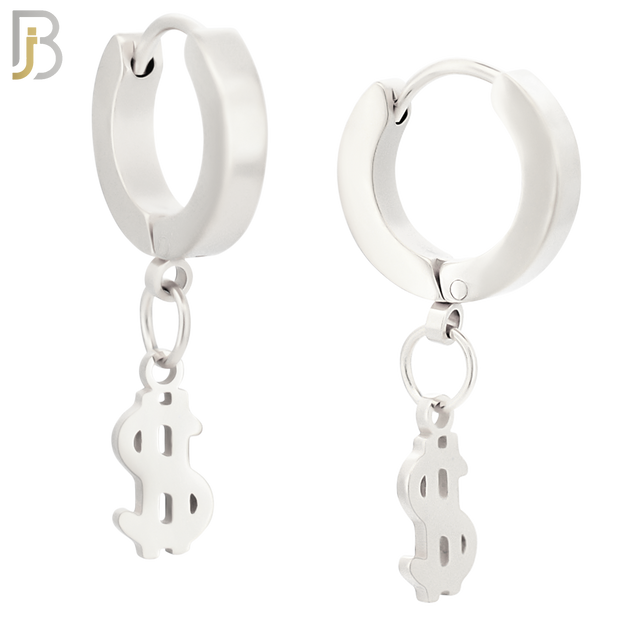 ES135 - Stainless Steel Huggies Hoops Earrings with Dangle Dollar Sign image 1