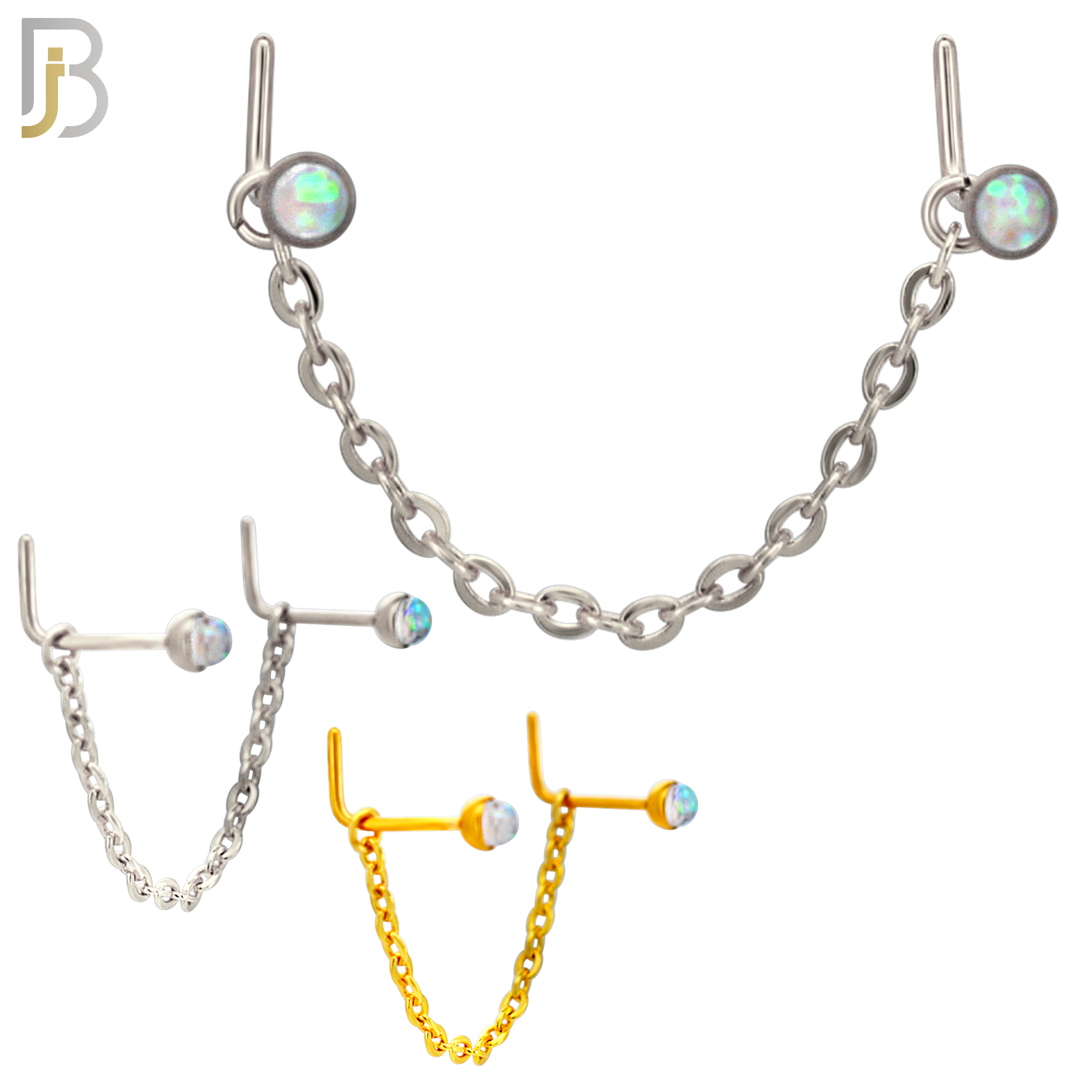 NR124L - 316 Surgical Steel Double L-Shaped Nose Rings with Opalite Stones and Single Chain Link - (Pack of 3) image 0
