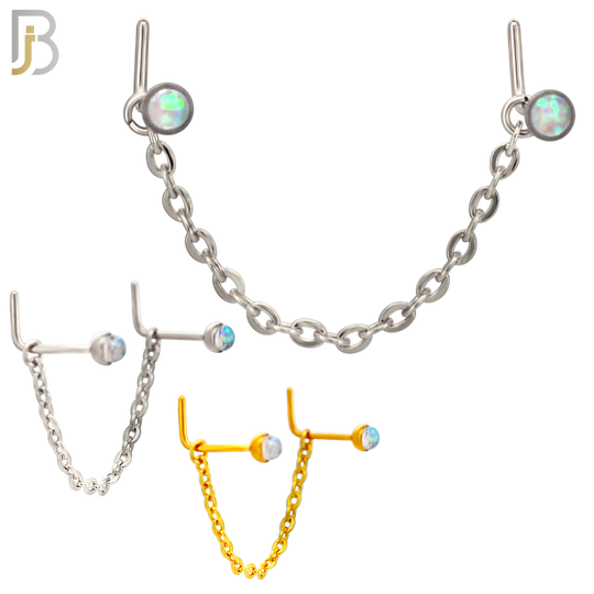 NR124L - 316 Surgical Steel Double L-Shaped Nose Rings with Opalite Stones and Single Chain Link - (Pack of 3) image 0