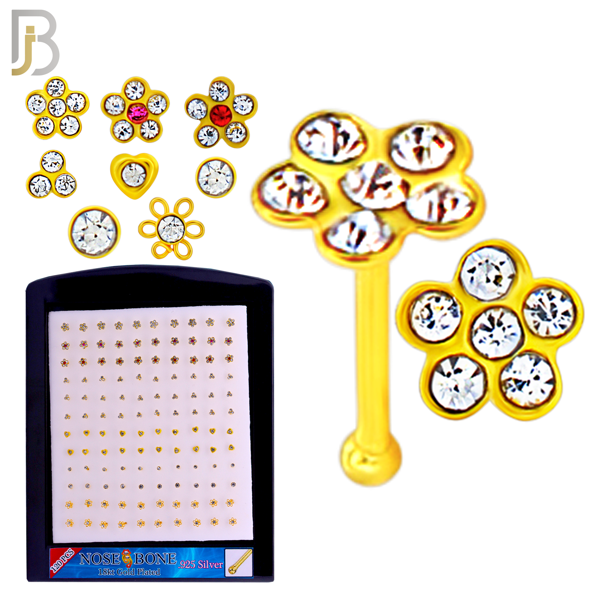 925-PK-NR08BY - 120 pcs, 18k Gold Plated Sterling Silver Nose Bones, 22g Thickness,  Assorted Shapes Tops Packages image 1
